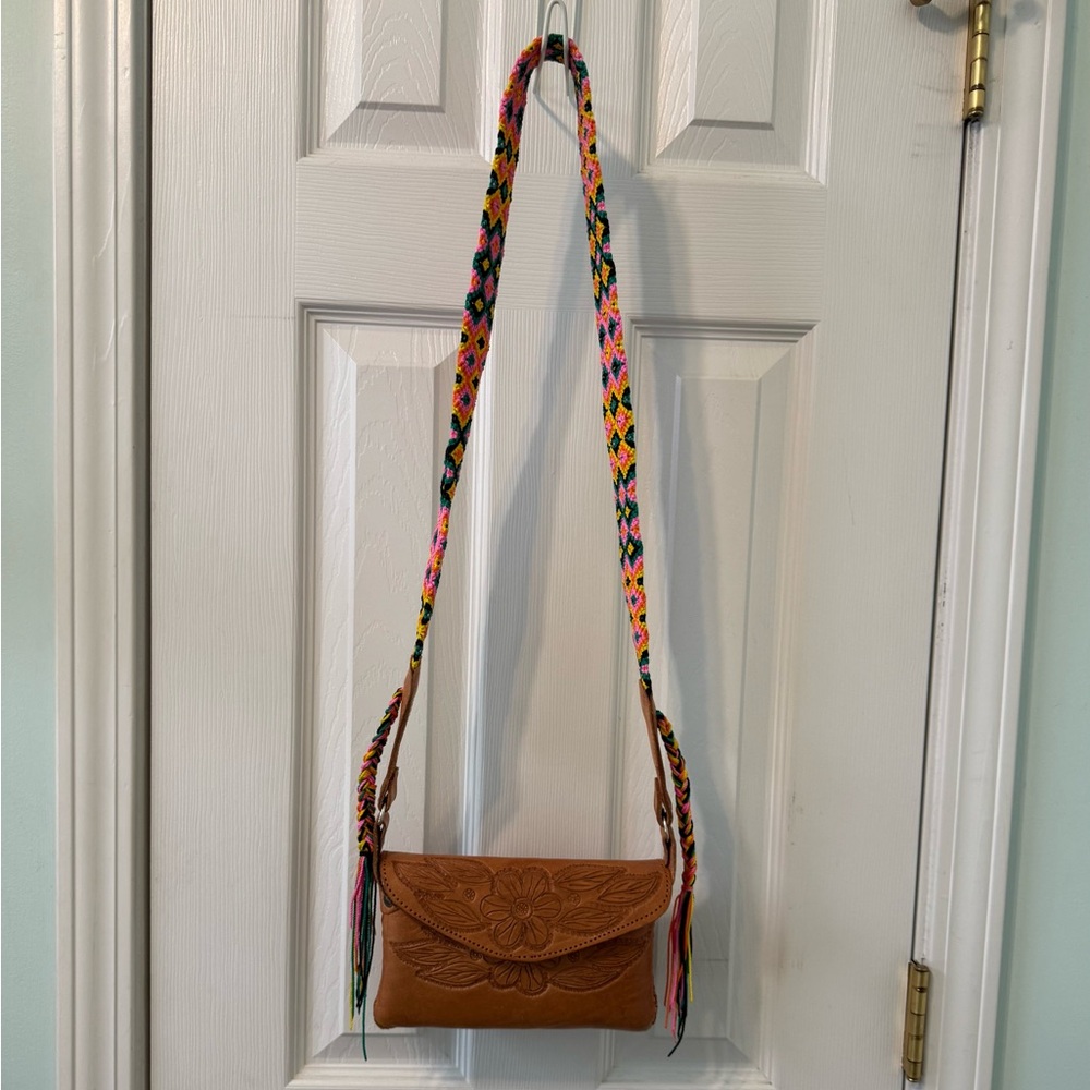 Brown Leather Crossbody Bag with Multicolor Strap